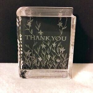 Stuart Clear Cut Crystal Thank You DaisyFloral Book Art Figurine Paperweight Vtg
